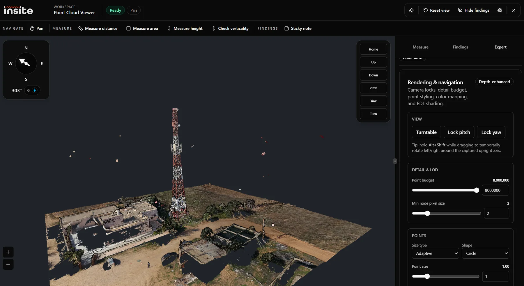 InSite point cloud viewer showing a 3D tower scene